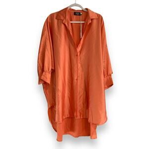NWT I TOO Orange Polyester Satin Flowy Oversize Button Up Tunic Top Sz Large